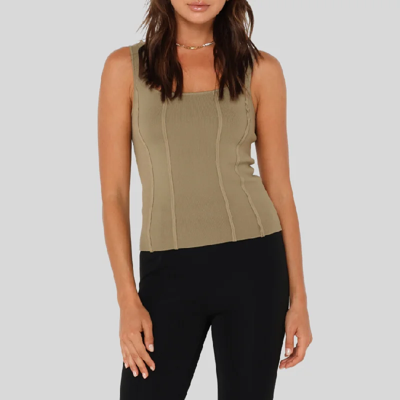 Stretch Knit Square Neck Tank Top - Sage beige tank top