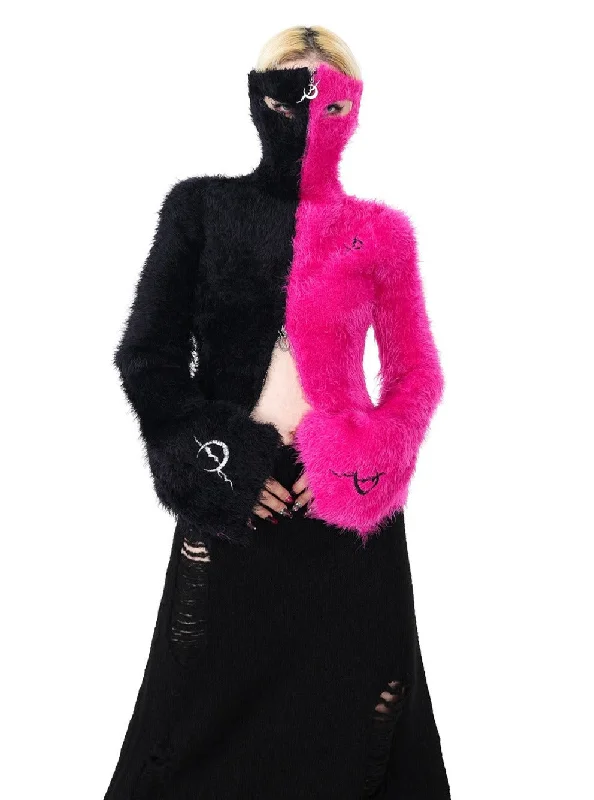 PINKSPINK Two-Tone Fuzzy Cropped Hoodie Cardigan - Black/Hot Pink Hoodie with Belted Waist Structured Tailored PINKSPINK Two-Tone Fuzzy Cropped Hoodie Cardigan - Black/Hot Pink Hoodie with Belted Waist Structured Tailored