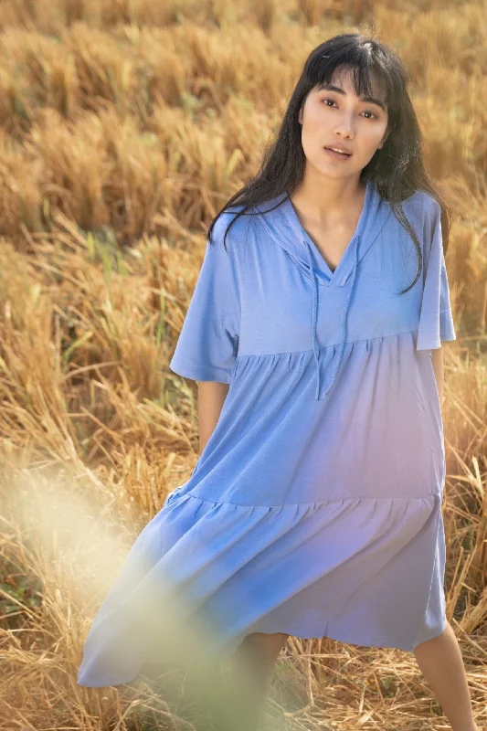 Katir- Hoodie Dress With Slit Bell Sleeves - Vista Blue Hoodie with Frayed Bohemian Relaxed Katir- Hoodie Dress With Slit Bell Sleeves - Vista Blue Hoodie with Frayed Bohemian Relaxed