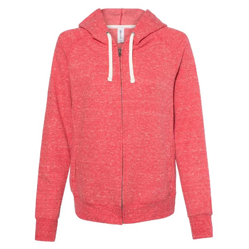 Jerzees Women's Red Snow Heather French Terry Full-Zip Hooded Sweatshirt Hoodie with Raglan Sleeves Sporty Comfortable