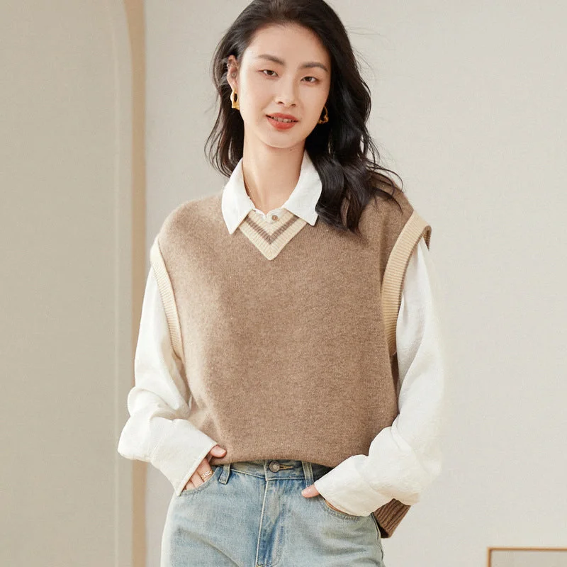V-neck Pullover Loose Sweater Tops Cashmere knitted Vest Fine Merino Wool
