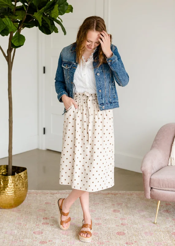 Ivory Polka Dot Paper Bag Midi Skirt - FINAL SALE denim skirt casual