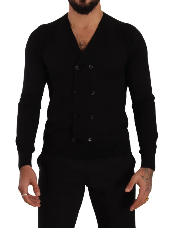Elegant V-neck Black Cashmere Cardigan Slim Fit Regular Fit Oversized