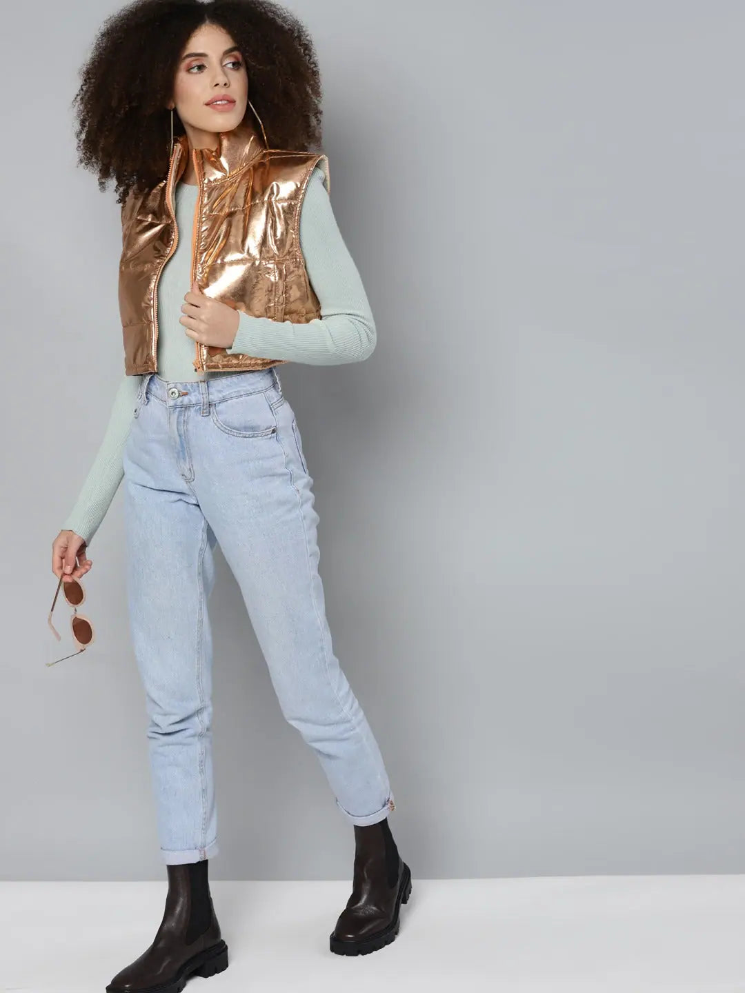 Women Solid Copper Sleeveless Jacket Zip Front Button Front Snap Front