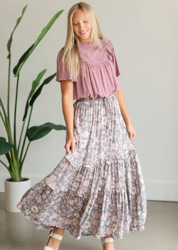 Gray Floral Tiered Maxi Skirt - FINAL SALE chiffon skirt airy