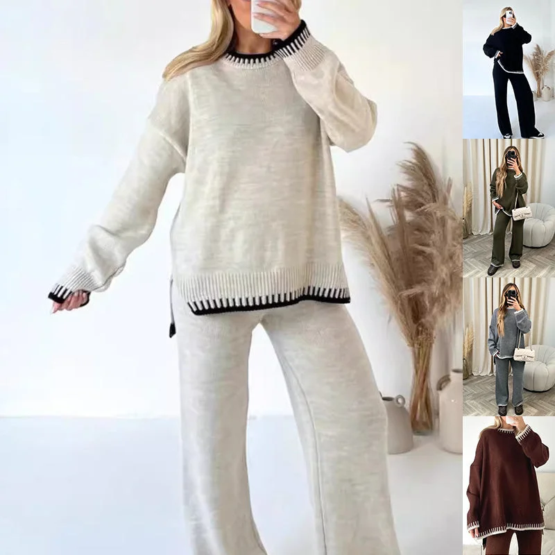 Women's Suit Fashion Pullover Split Long-sleeved Top And Loose Straight Pants Solid Color Two-piece Set Besom Neck Pullover Women's Suit Fashion Pullover Split Long-sleeved Top And Loose Straight Pants Solid Color Two-piece Set Besom Neck Pullover