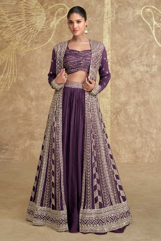 Chinon Silk Fabric Purple Color Beatific Readymade Lehenga With Jacket Denim Fabric Leather Fabric Suede Fabric