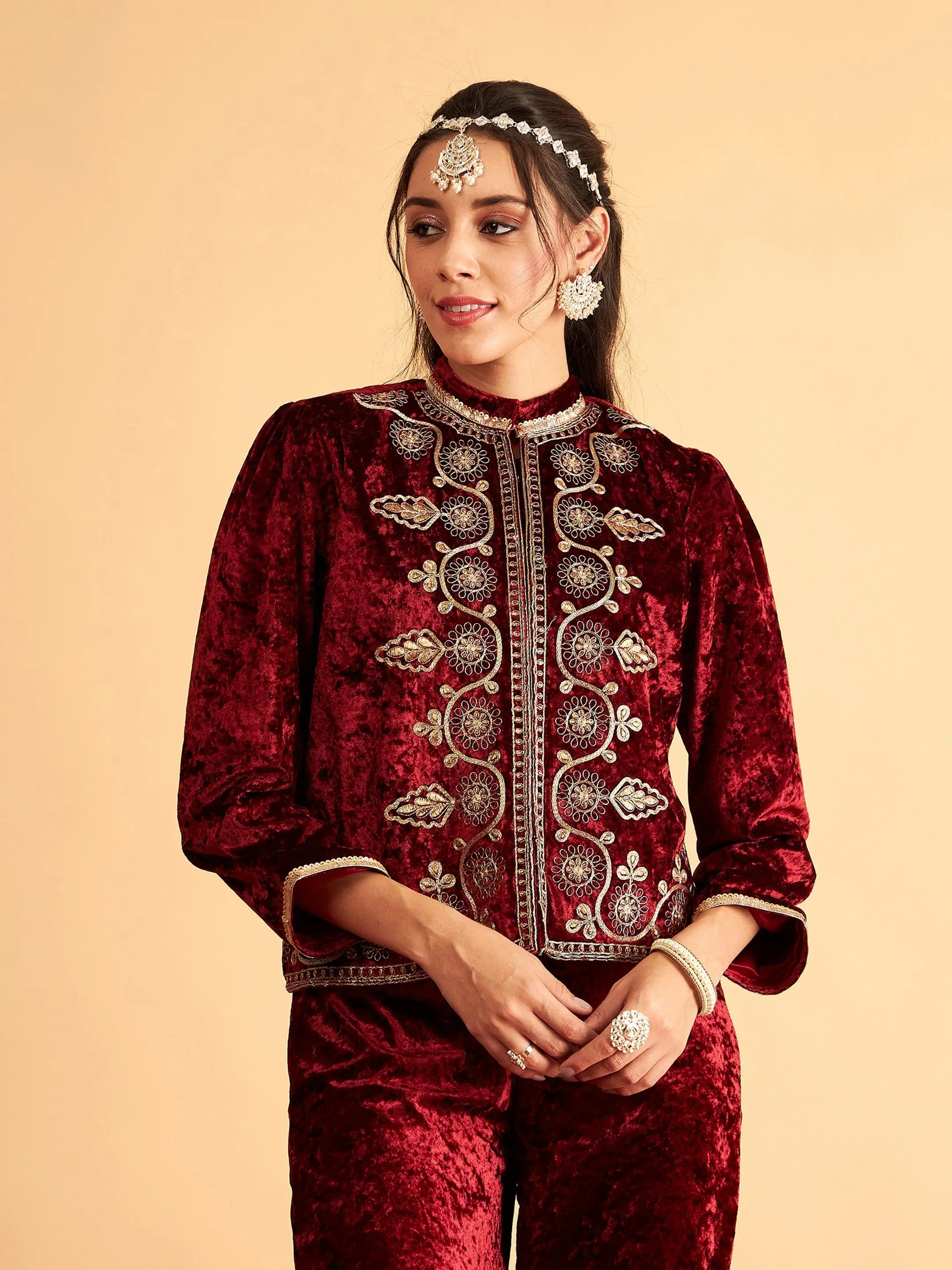 Women Embroidered Standard Maroon Collared Neck Full Sleeve Jacket Chenille Jacket Brocade Jacket Lace Jacket