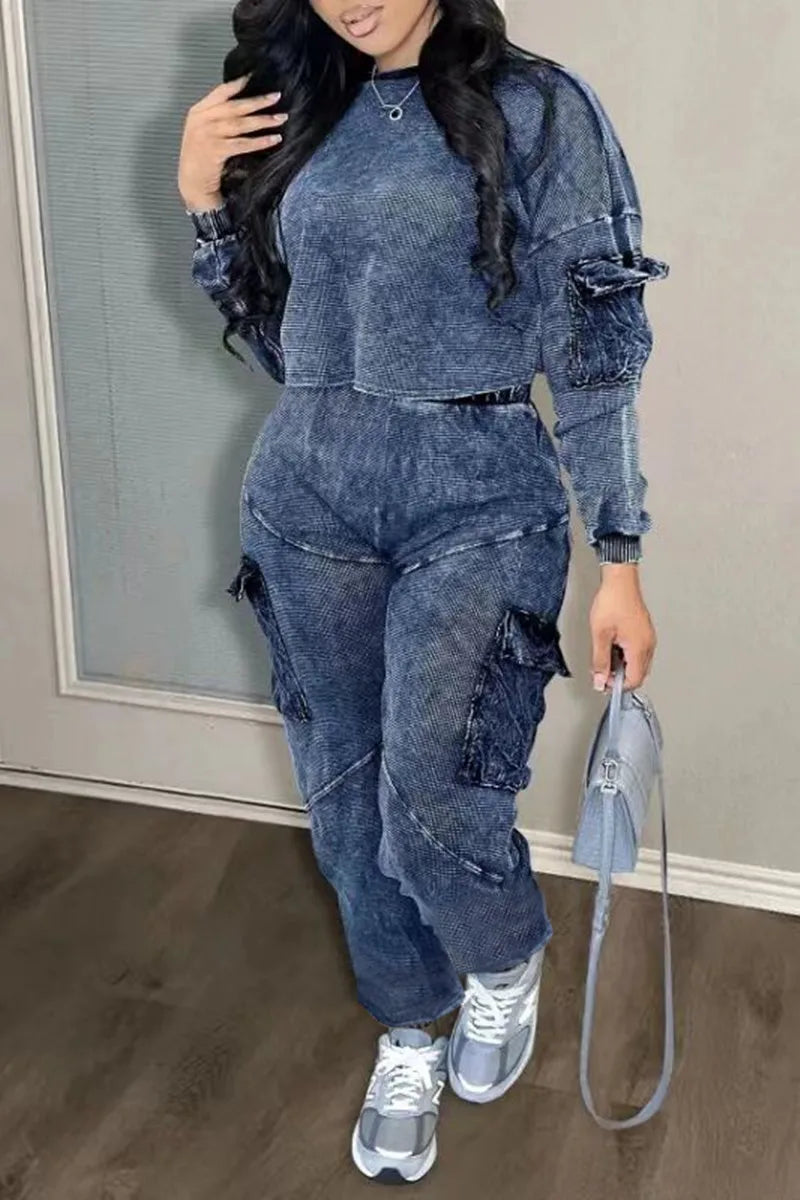 Pullover Long Sleeve Dark Gray Pants Suit Two Pieces Set Tight Sleeve Top