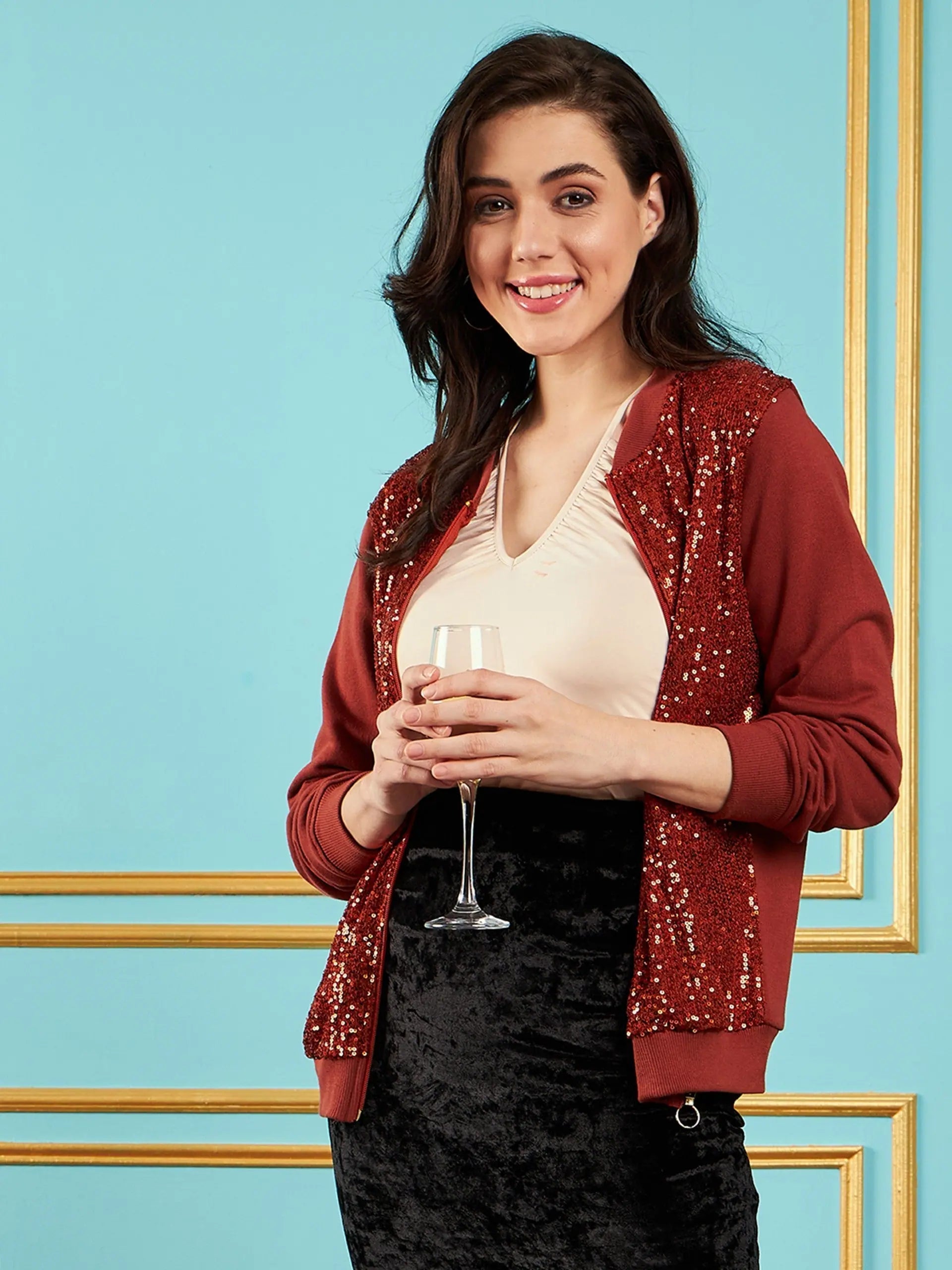 Women Embellished Standard Rust Full Sleeve Jacket Satin Jacket Silk Jacket Chiffon Jacket