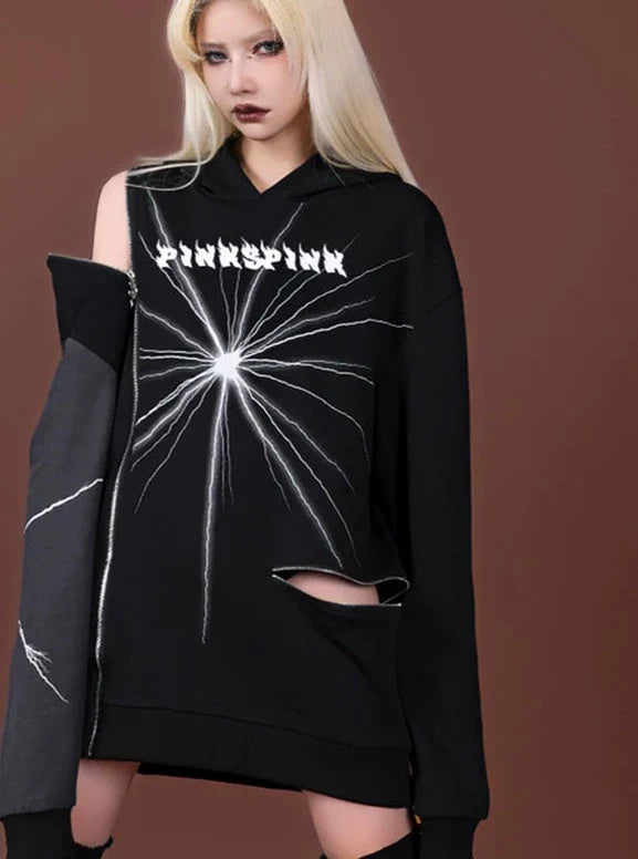 PINKSPINK Lightning Strike Asymmetric Hoodie - Black and Grey Hoodie with Hem Fringe Bohemian Relaxed PINKSPINK Lightning Strike Asymmetric Hoodie - Black and Grey Hoodie with Hem Fringe Bohemian Relaxed