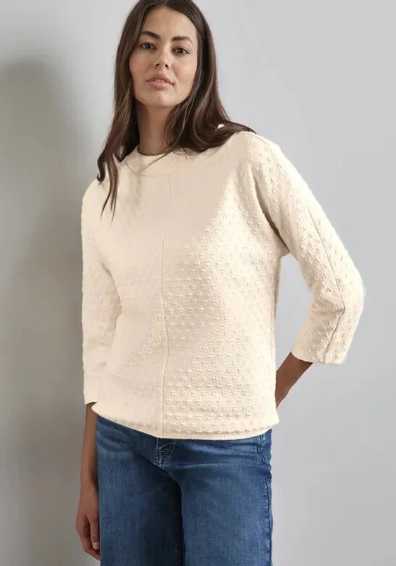 Street One Textured Round Neck Sweatshirt, Cream Hoodie with Hood Adjustable Protection