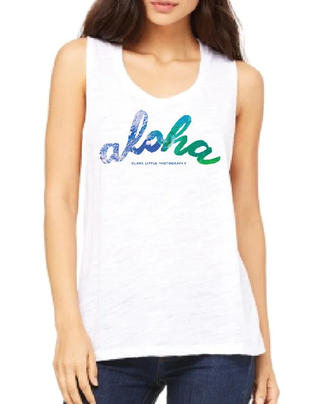 Womens Tank: Crystal Ball Aloha (white) open back tank