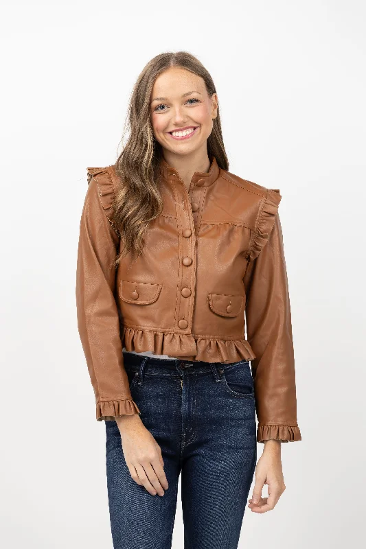 Central Park West Celine Girly Moto Jacket in Saddle Brown Hooded Jacket Caped Jacket Shawl Collar Jacket