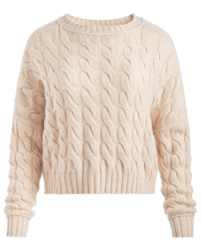 Heather Oatmeal Cecile Cableknit Crop Pullover Plunging Neck Pullover