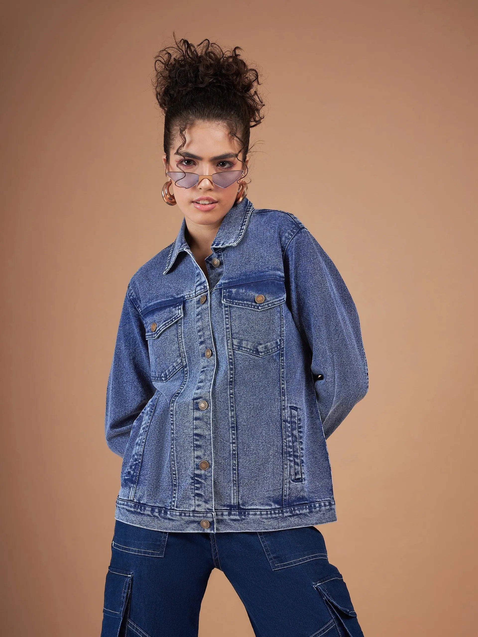 Women Solid Standard Navy Collared Neck Full Sleeve Jacket Zippered Front Buttoned Front Snap Front
