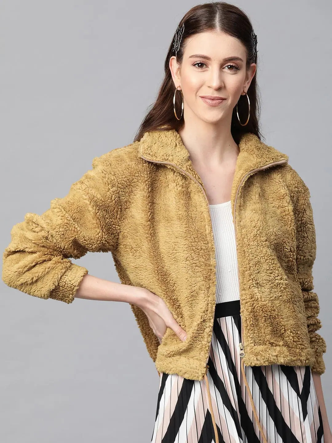 Women Solid Mustard Collared Neck Full Sleeve Jacket Bomber Jacket Anorak Windbreaker Women Solid Mustard Collared Neck Full Sleeve Jacket Bomber Jacket Anorak Windbreaker