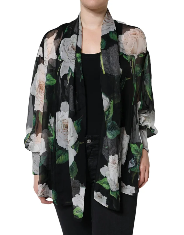 Dolce & Gabbana Black Floral Print Silk Cardigan Blouse Women's Top (Pre-Owned) Layered Multi-layer Single Layer Dolce & Gabbana Black Floral Print Silk Cardigan Blouse Women's Top (Pre-Owned) Layered Multi-layer Single Layer