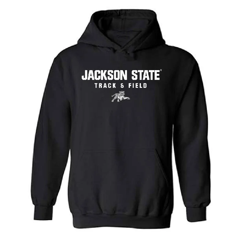 Jackson State - NCAA Women's Track & Field : Derriana Moss - Hooded Sweatshirt Hoodie with Exposed Zipper Edgy Industrial