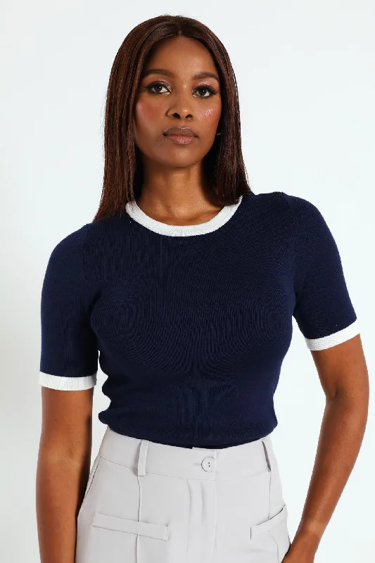 Tipped Pullover Top- Navy Sabrina Neck Pullover