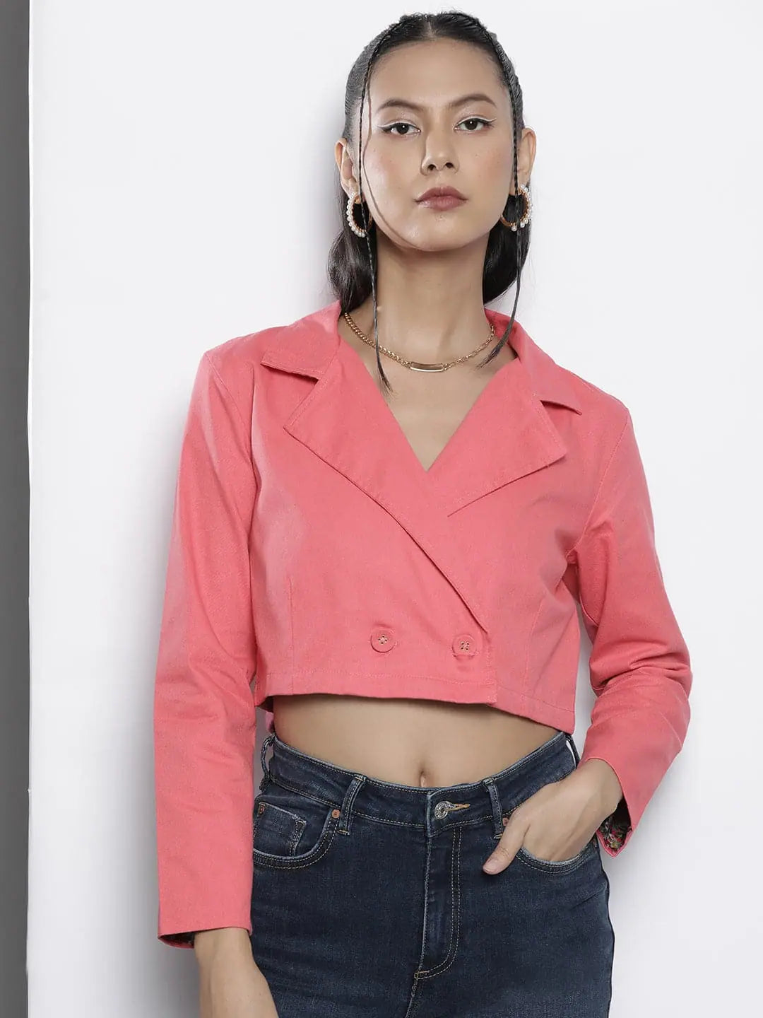 Women Solid Pink Full Sleeve Jacket Front Pockets Side Pockets Patch Pockets