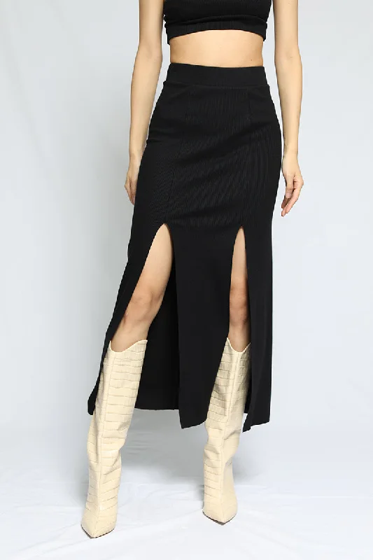 Slashed Midi Skirt Jet Black leather skirt bold