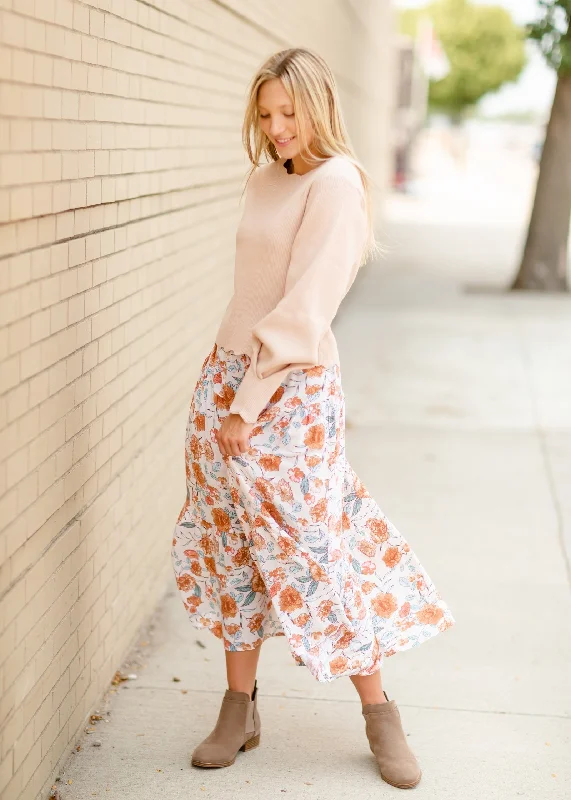 Ivory Floral Elastic Waist Midi Skirt - FINAL SALE summer skirt style