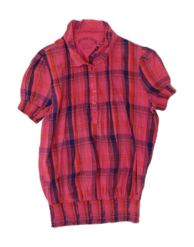 TOMMY HILFIGER Womens Short Sleeve Pullover Shirt UK 14 Medium Pink Check Zipper Front Cardigan TOMMY HILFIGER Womens Short Sleeve Pullover Shirt UK 14 Medium Pink Check Zipper Front Cardigan