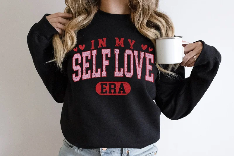 In My Self Love Era Valentine Shirt for Woman's Retro Varsity Valentine's Day Sweatshirt Hoodie with High Neck Warm Protective