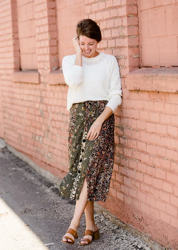 Olive Button Front Floral Midi Skirt - FINAL SALE lace skirt romantic