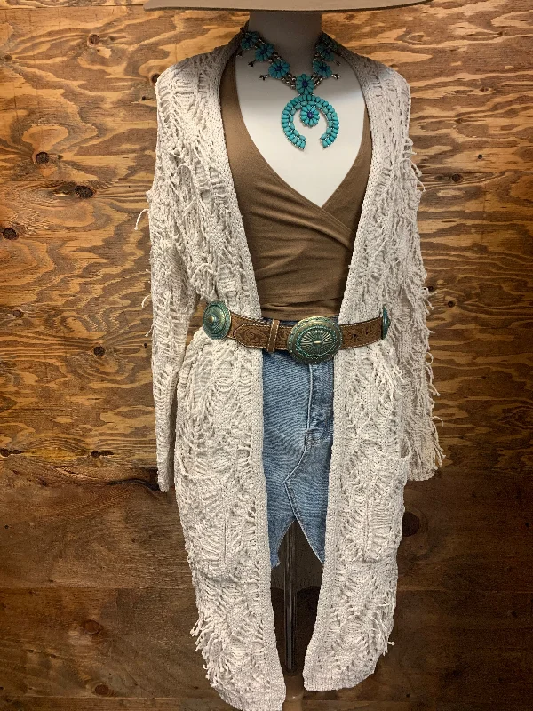 Fringed Creme Cardigan Zippered Front Buttoned Front Snap Front