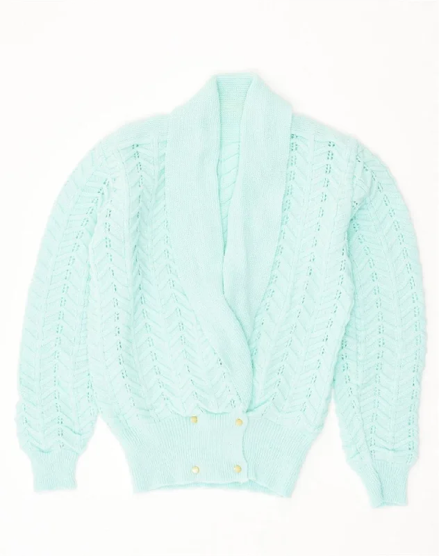 VINTAGE Womens Cardigan Sweater UK 12 Medium Turquoise Acrylic Patchwork Embroidered Appliqued