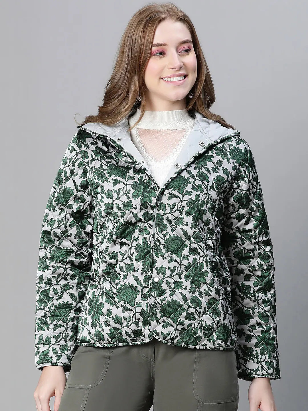 Women Printed Standard Green Full Sleeve Jacket Zippered Jacket Buttoned Jacket Snapped Jacket Women Printed Standard Green Full Sleeve Jacket Zippered Jacket Buttoned Jacket Snapped Jacket