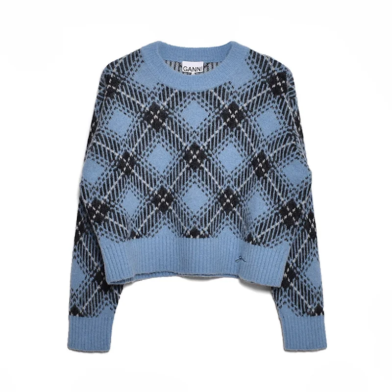 [GANNI]Check Wool Oversized Pullover/LIGHT BLUE(K2034) Tight Sleeve Top