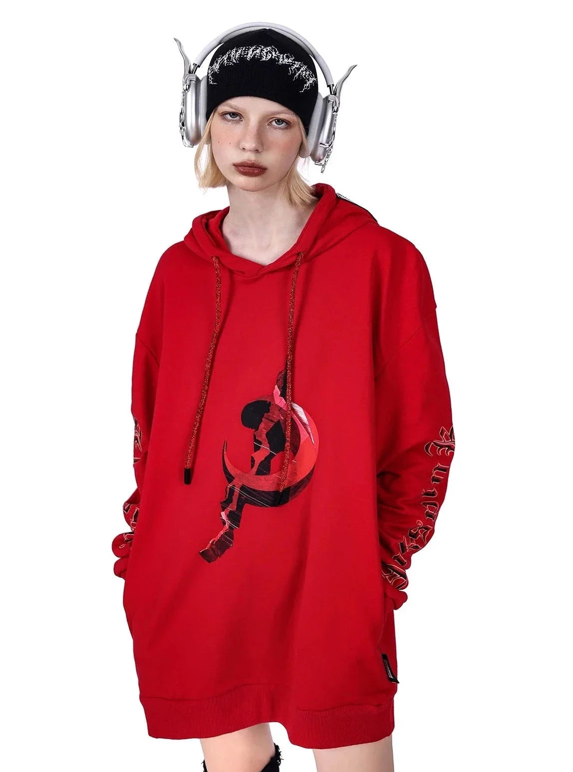 PINKSPINK Occult Symbol Hoodie - Red and Black Hoodie with Slit Hem Functional Movement PINKSPINK Occult Symbol Hoodie - Red and Black Hoodie with Slit Hem Functional Movement