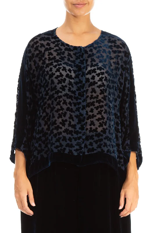 Boxy Devoré Petals Navy Silk Velvet Jacket One-Shoulder Jacket Off-the-Shoulder Jacket Asymmetrical Jacket