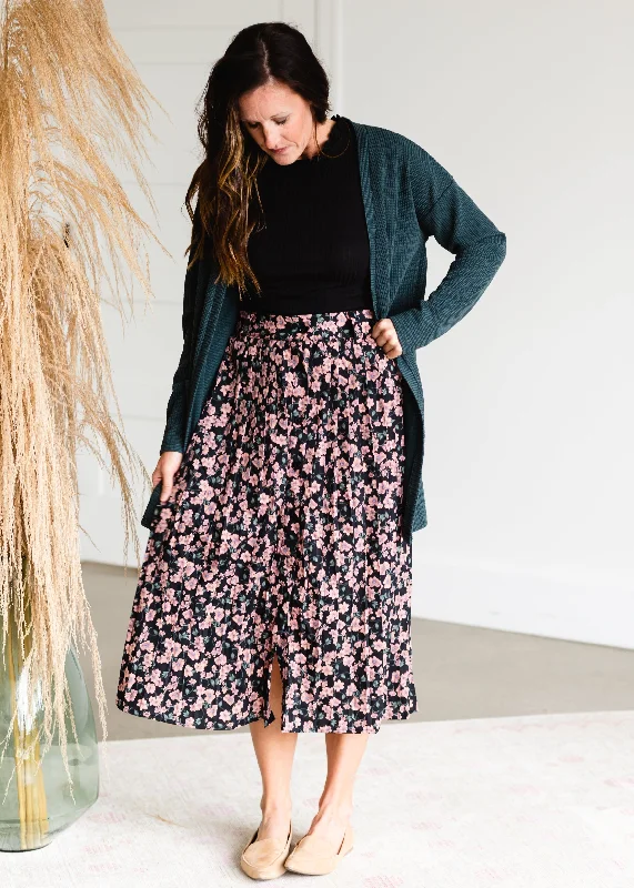 Black Button Up Blush Floral Midi Skirt - FINAL SALE high waist skirt