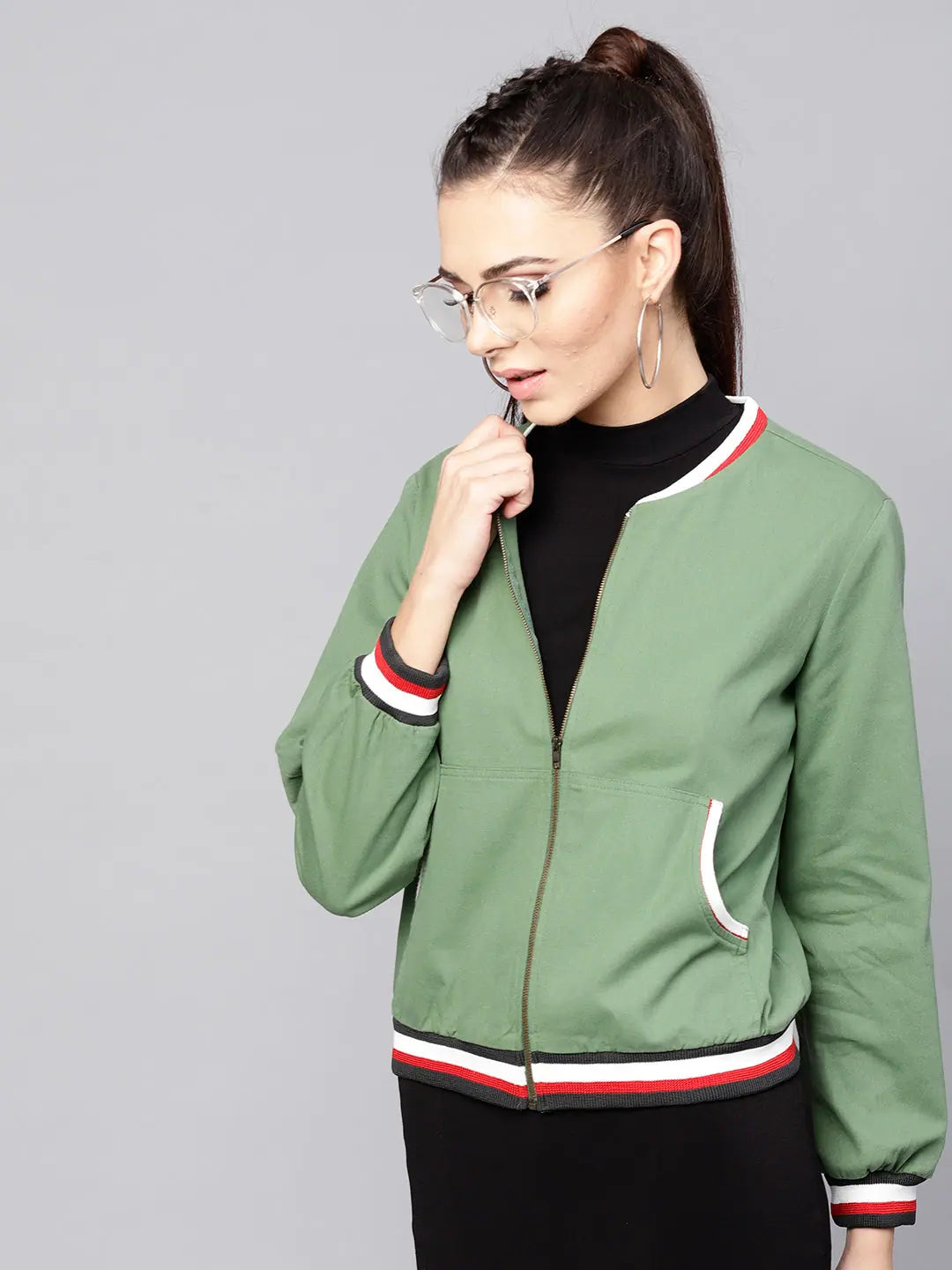 Women Solid Olive Round Neck Full Sleeve Jacket Front Pockets Side Pockets Patch Pockets Women Solid Olive Round Neck Full Sleeve Jacket Front Pockets Side Pockets Patch Pockets