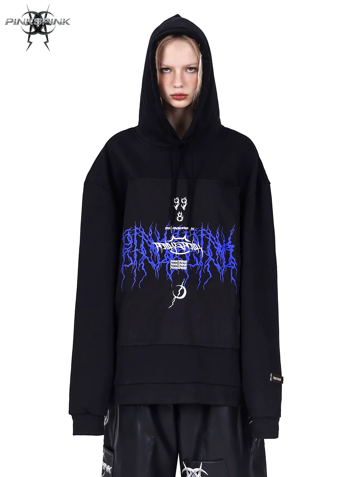 PINKSPINK Gothic Electric Hoodie - Black with Blue Accents Hoodie with Hem Elastic Stretchable Comfortable PINKSPINK Gothic Electric Hoodie - Black with Blue Accents Hoodie with Hem Elastic Stretchable Comfortable