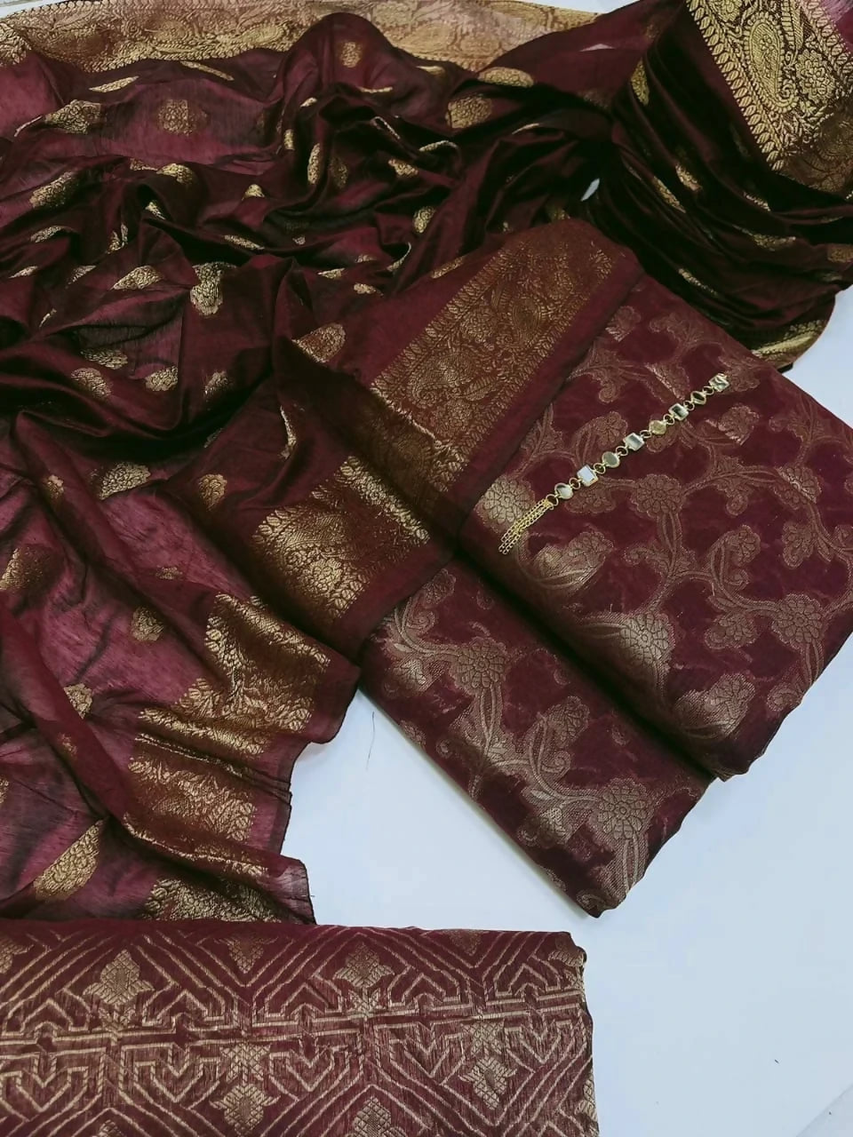 Unstitched Dark Cotton Jacquard 3-Piece Set Featuring Printed Front, Sleeves, Back, Dupatta & Jacquard Trousers Trousers Bestseller Popular Unstitched Dark Cotton Jacquard 3-Piece Set Featuring Printed Front, Sleeves, Back, Dupatta & Jacquard Trousers Trousers Bestseller Popular