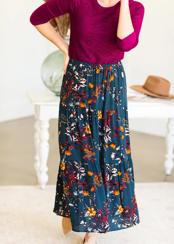 Teal Tiered Floral Skirt slim fit skirt