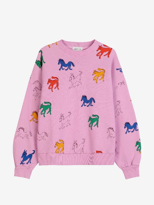 Wonder Horse Printed Sweatshirt Hoodie with Zipper Placket Modern Functional