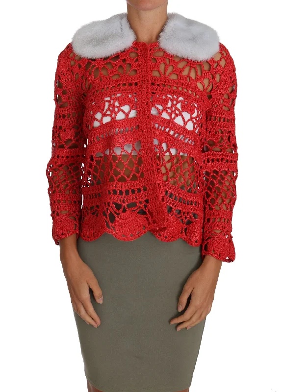 Elegant Red Crochet Knit Cardigan With Fur Collar Bright Pastel Dark