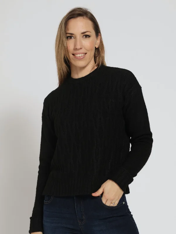 Long Sleeve Diamond Design Luxe Pullover - Black Ribbed Crew Neck