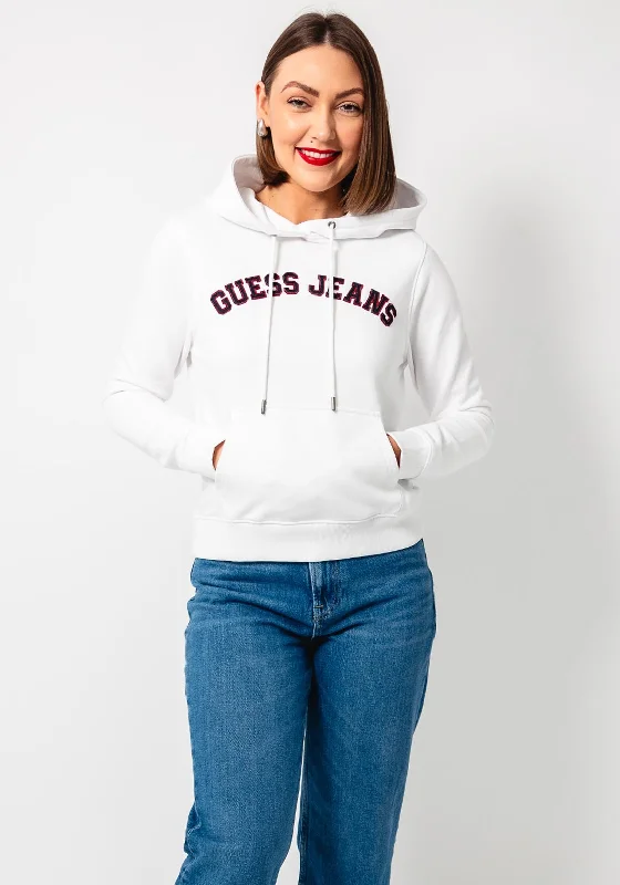 Guess Jeans Motif Overhead Hoodie, White Hoodie with Embroidery Detailed Premium