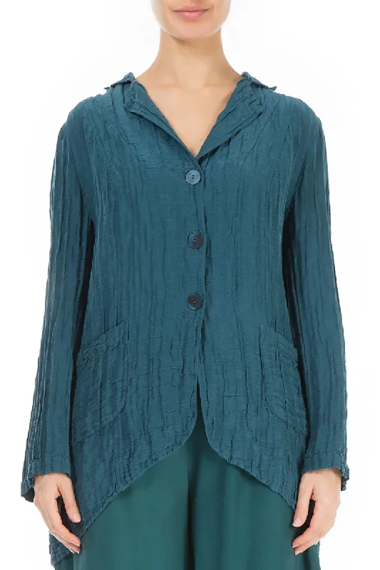 Flared Crinkled Dark Teal Silk Jacket Mesh Jacket Canvas Jacket Denim Jacket