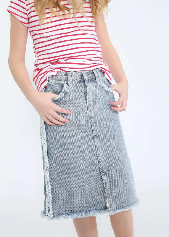 Frayed Denim Pencil Midi Skirt pleated skirt texture