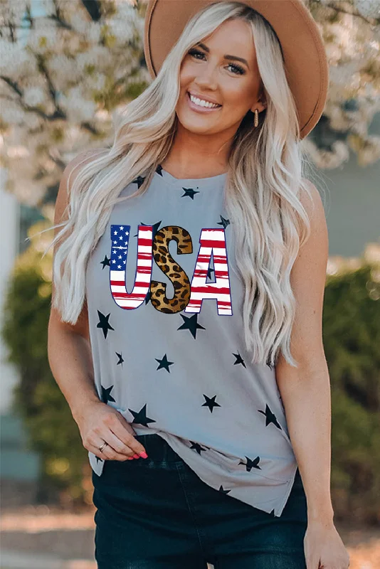 USA Star Print Tank Top off shoulder tank