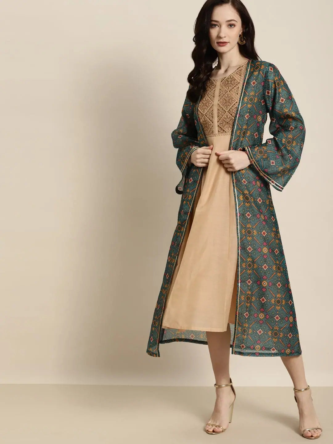 Women Printed Teal Full Sleeve Jacket Notch Collar Peter Pan Collar Cowl Neck