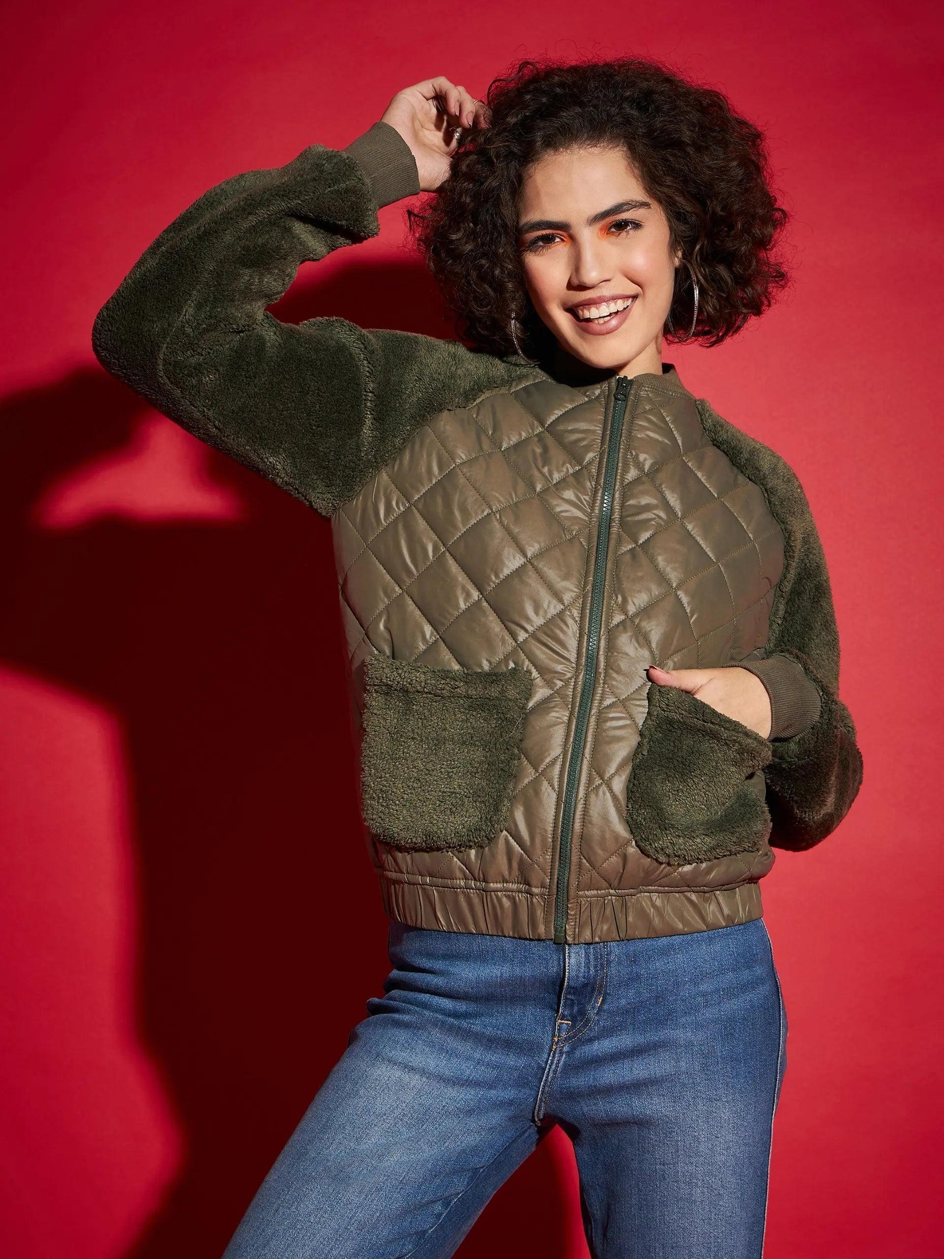 Women Solid Standard Olive Full Sleeve Jacket Knit Fabric Woven Fabric Fleece Fabric